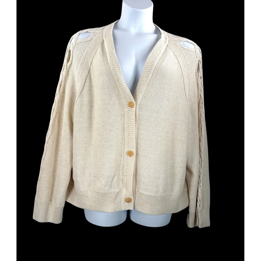 Lafayette 148 New York Cardigan sz 3X Cream Linen Silk Sequin Metallic Money